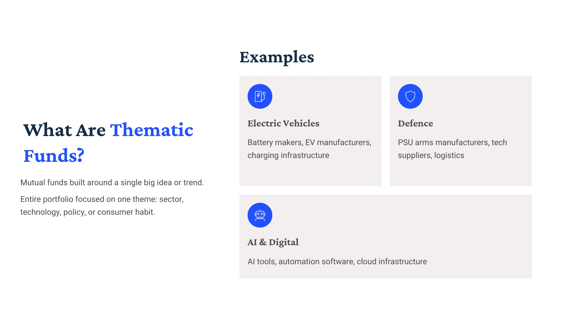 What Are Thematic Funds — mutual funds built around a single big idea like EVs, Defence, or AI and Digital