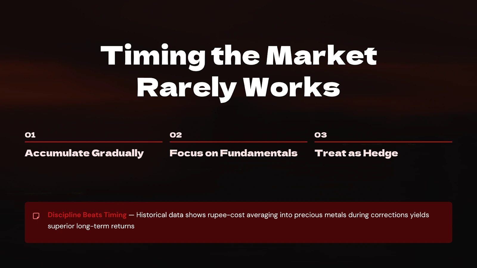 Timing the Market Rarely Works — accumulate gradually, focus on fundamentals, and treat metals as a hedge
