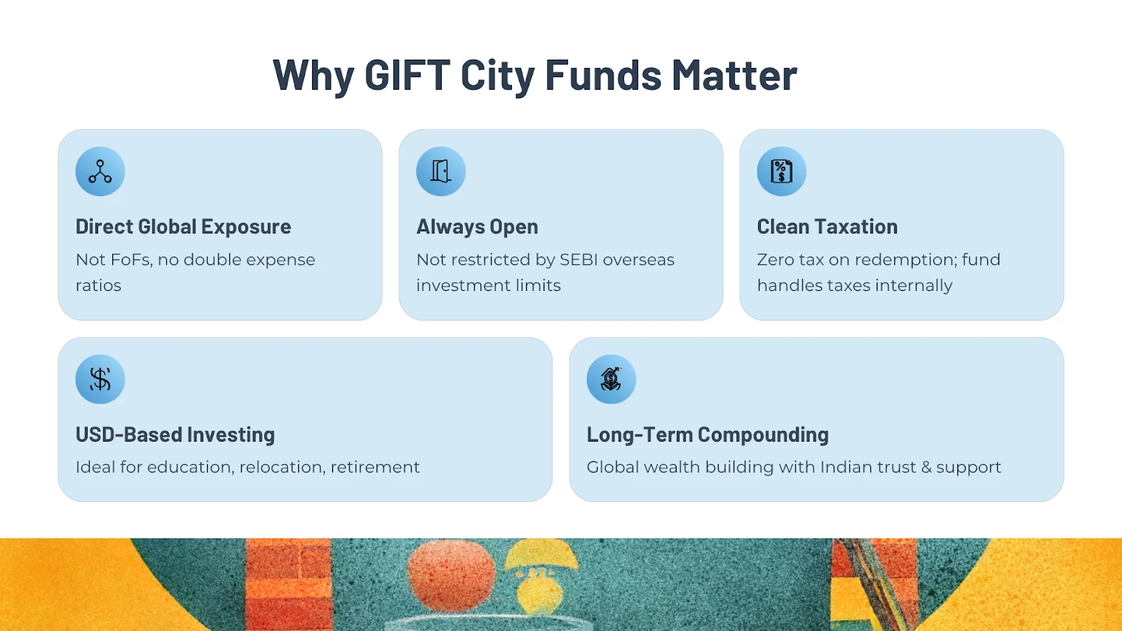 Why GIFT City funds matter — direct global exposure, always open, clean taxation, USD-based investing, and long-term compounding